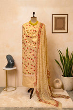 Pale Yellow Floral Rose Print Swiss Cotton Suit with Chiffon Dupatta