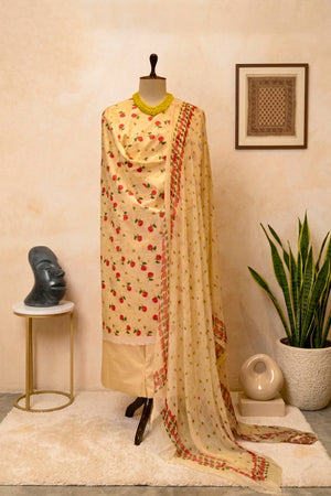 Pale Yellow Floral Rose Print Swiss Cotton Suit with Chiffon Dupatta