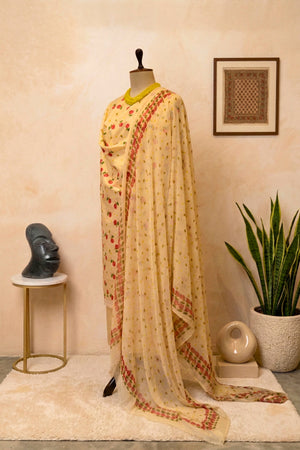 Pale Yellow Floral Rose Print Swiss Cotton Suit with Chiffon Dupatta