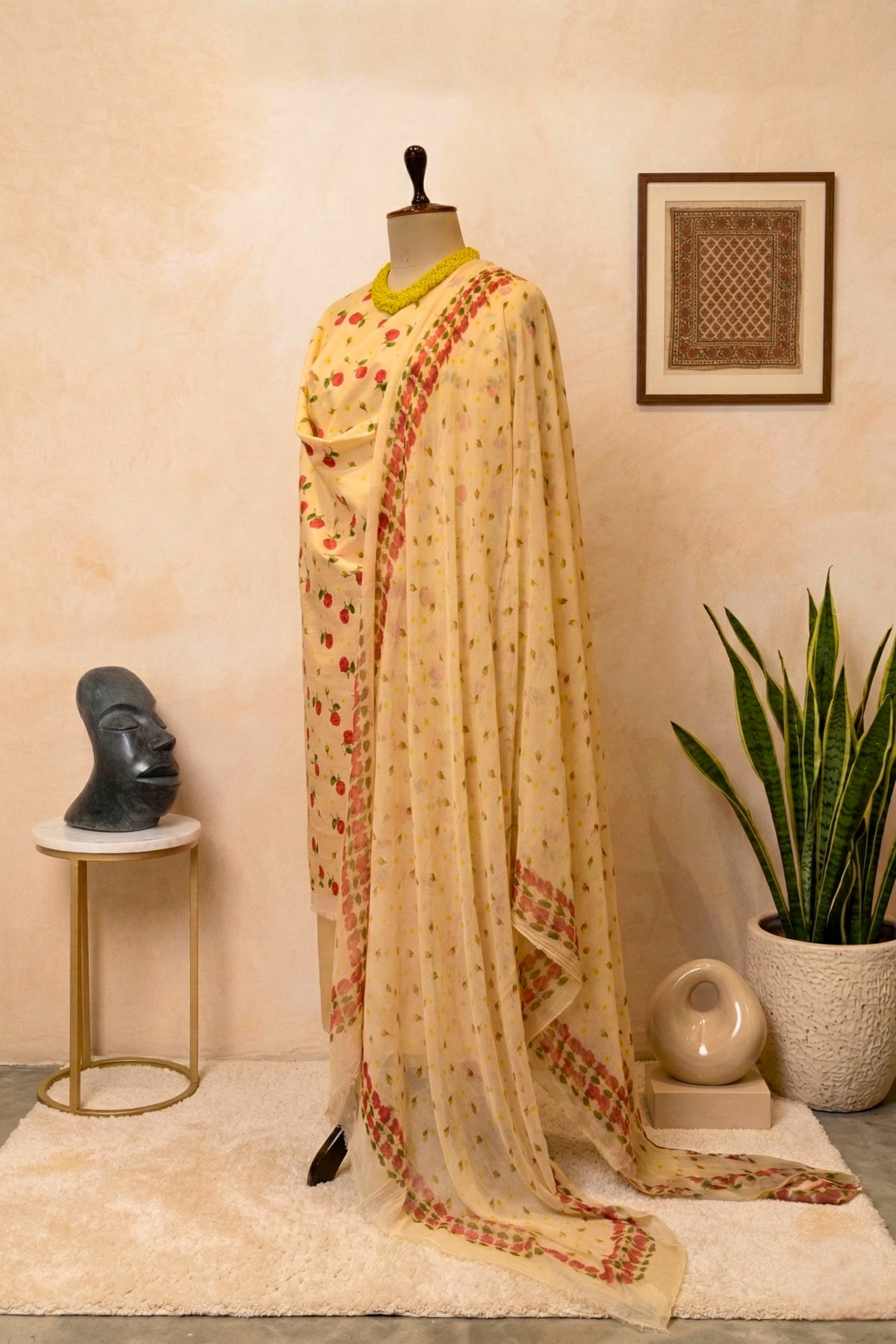 Pale Yellow Floral Rose Print Swiss Cotton Suit with Chiffon Dupatta