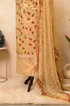 Pale Yellow Floral Rose Print Swiss Cotton Suit with Chiffon Dupatta