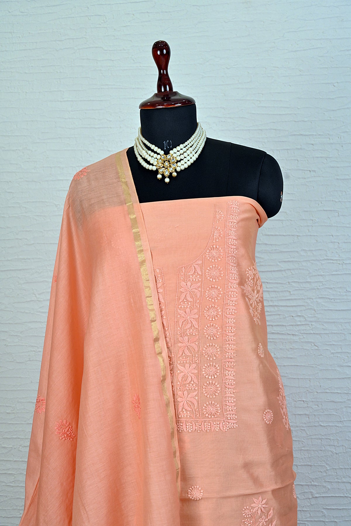 Peach Lucknowi Chikankari Chanderi Silk Unstitched Suit Set