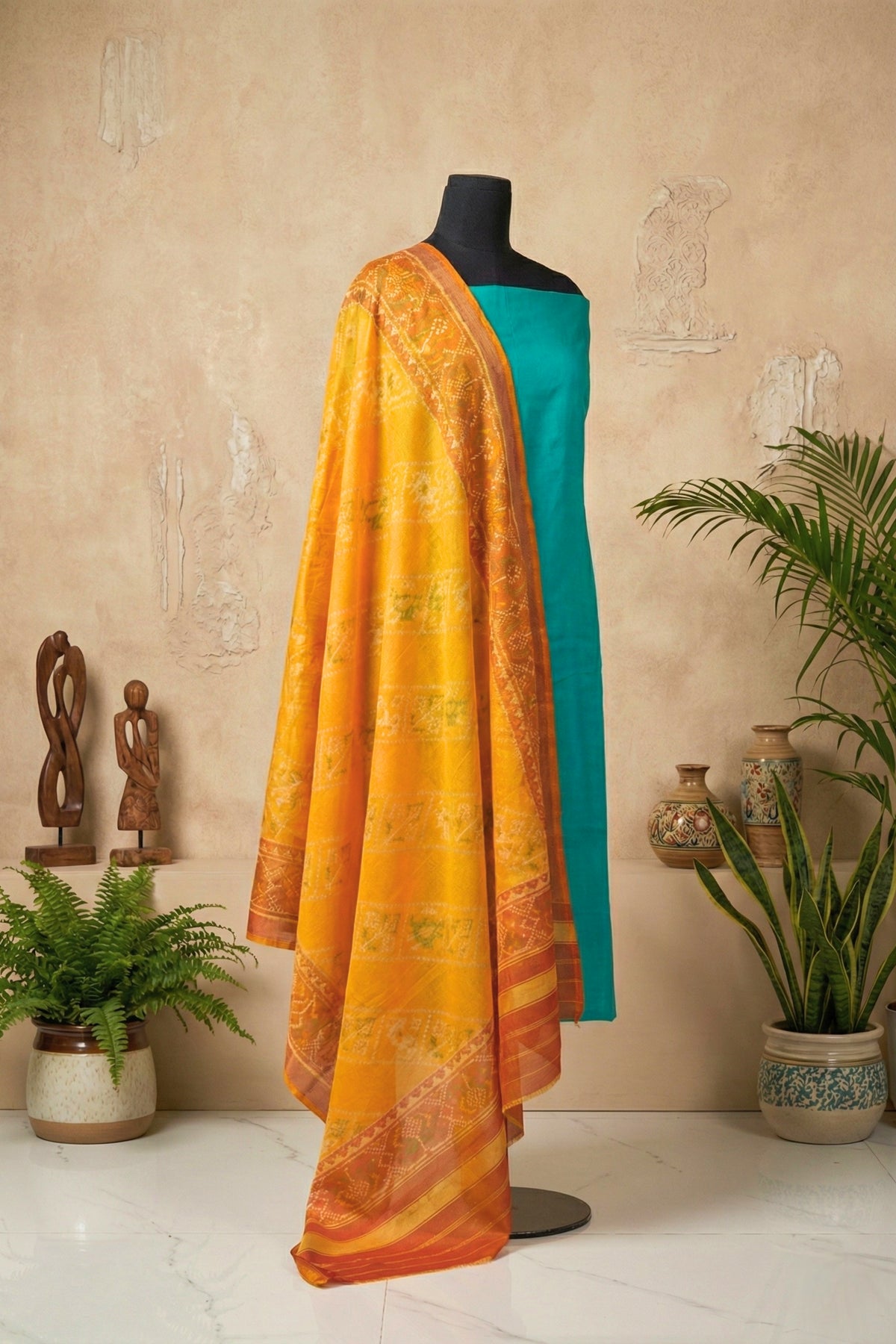 Teal Blue Silk Unstitched Suit Set with Yellow Patola Print Dupatta