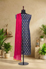 Royal Blue Silk Brocade Unstitched Suit Set with Fuchsia Dupatta