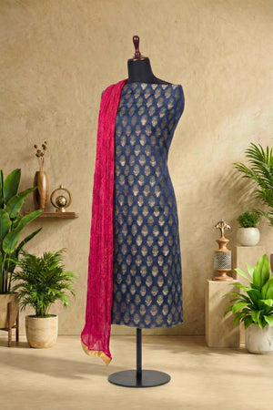 Royal Blue Silk Brocade Unstitched Suit Set with Fuchsia Dupatta