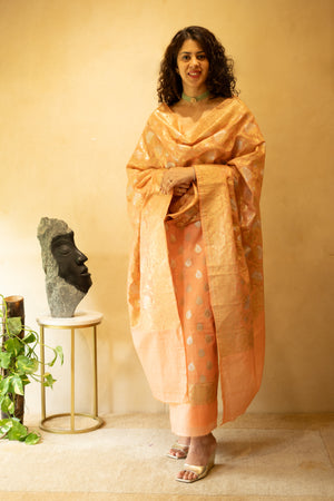 Peach Resham Weave Chanderi Unstitched Suit Set with Woven Dupatta