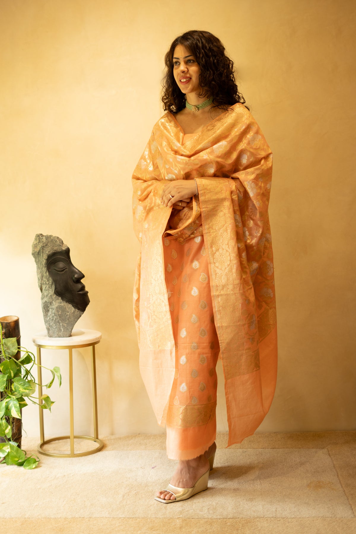 Peach Resham Weave Chanderi Unstitched Suit Set with Woven Dupatta