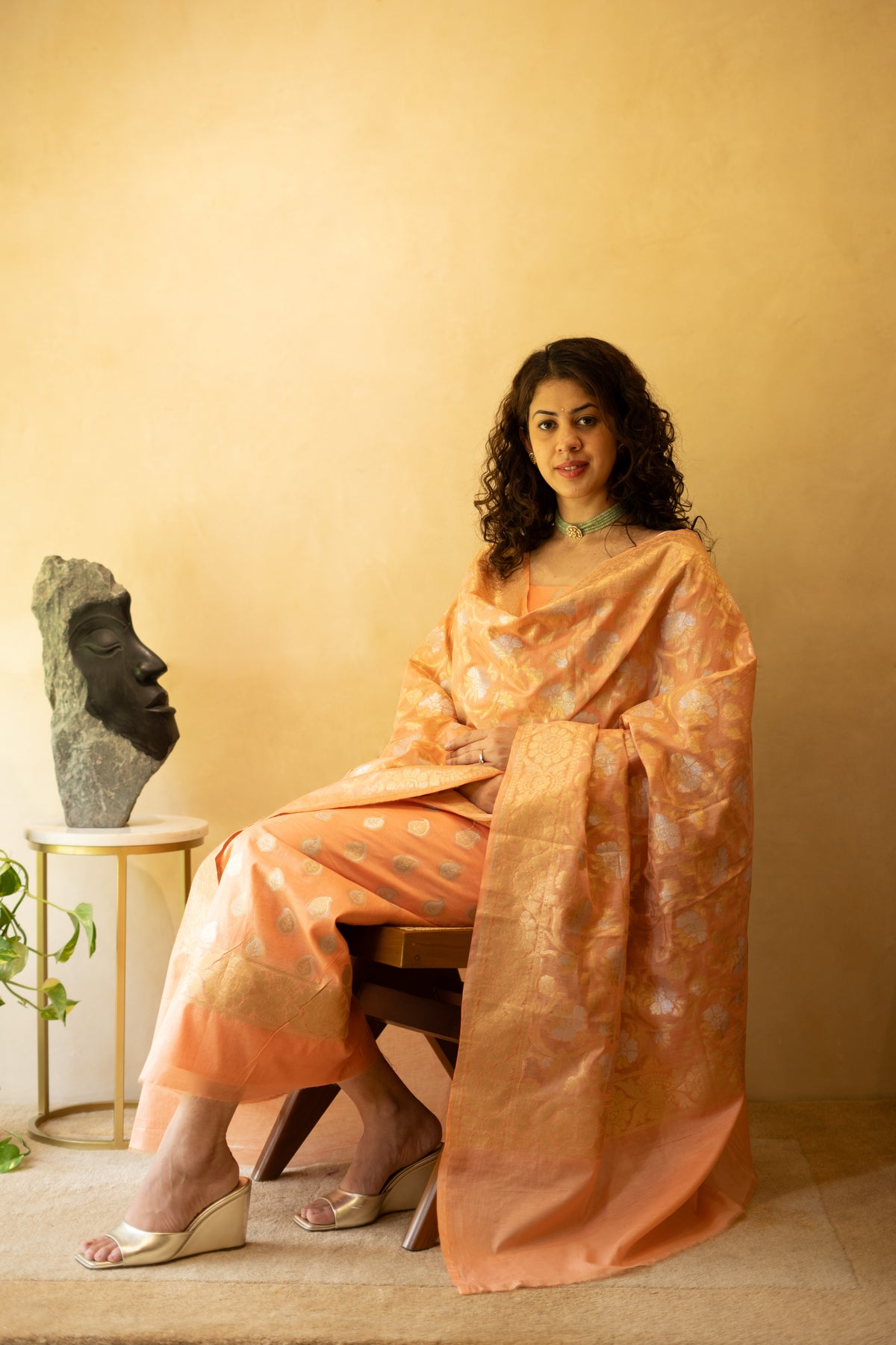 Peach Resham Weave Chanderi Unstitched Suit Set with Woven Dupatta
