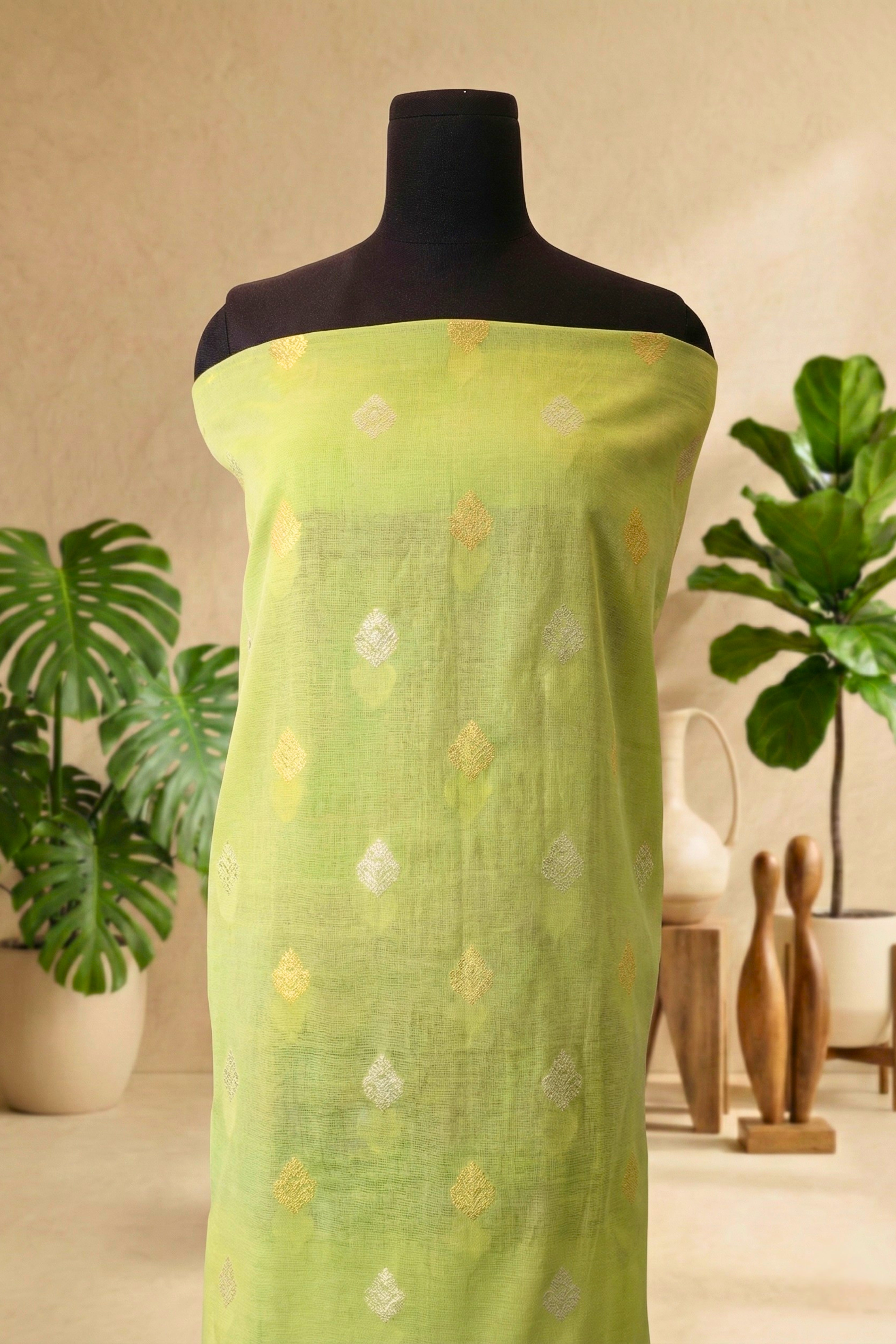 Elegant Light Green Chanderi Unstitched Dress Material