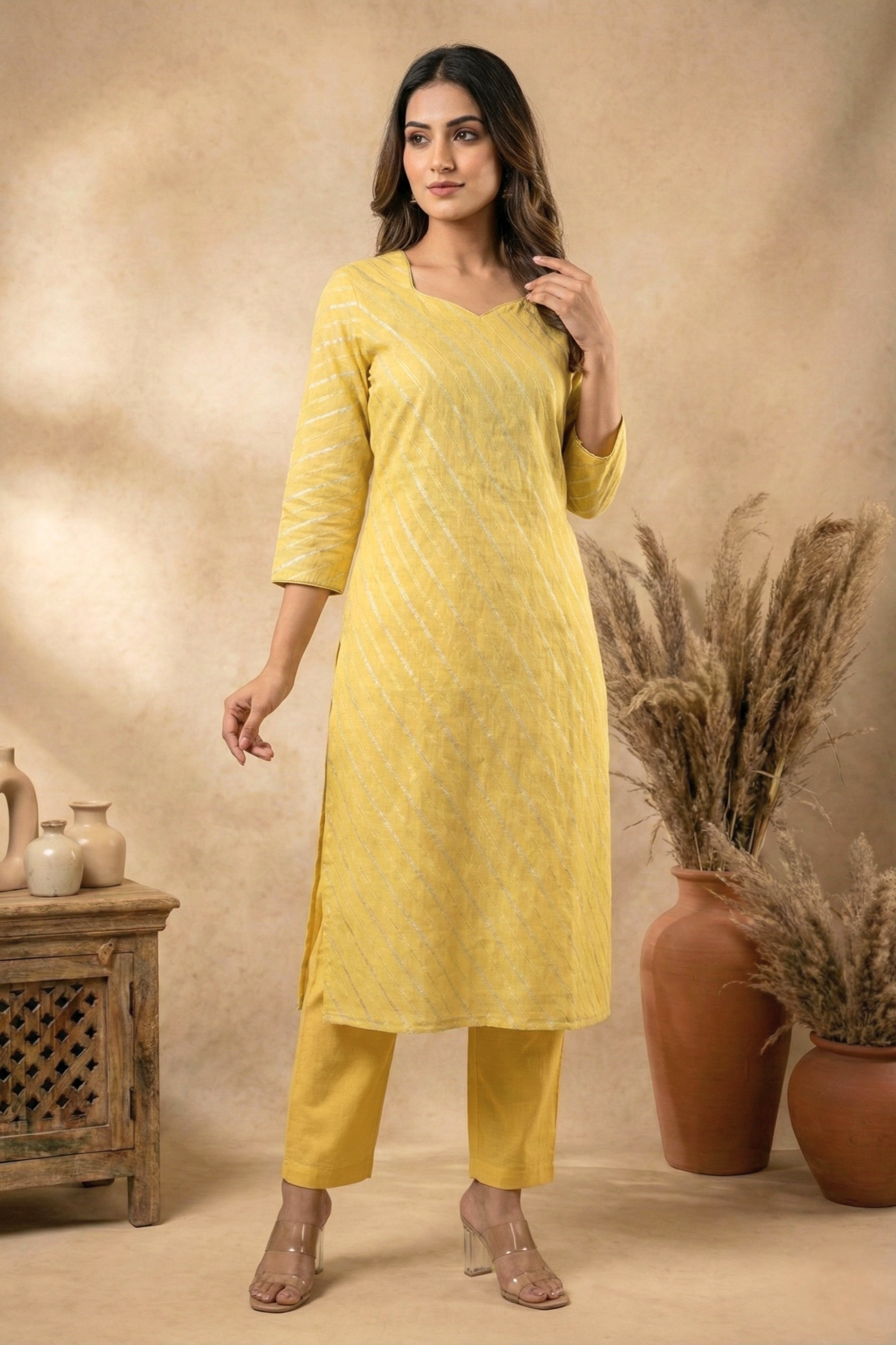 Radiant Yellow Striped Chanderi Unstitched Suit Set
