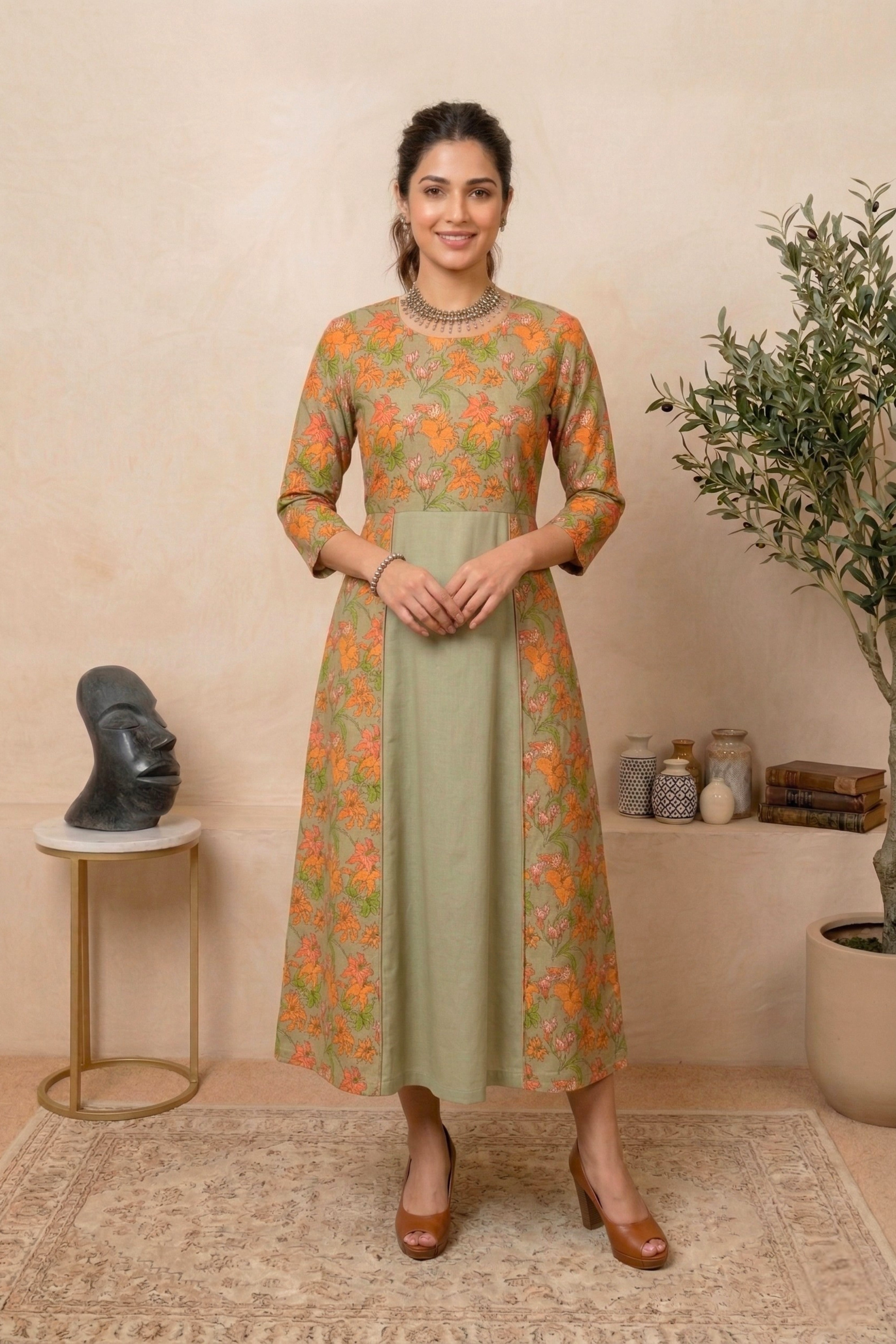 Botanical Sage Green & Orange Lily Swiss Cotton Unstitched Material