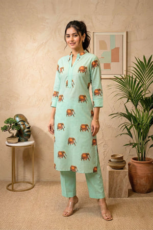 Mint Green Elephant Print Swiss Cotton Unstitched Dress Material