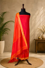 Red Kanjeevaram Soft Silk Unstitched Suit Set with Tasseled Dupatta by Label Tamanna