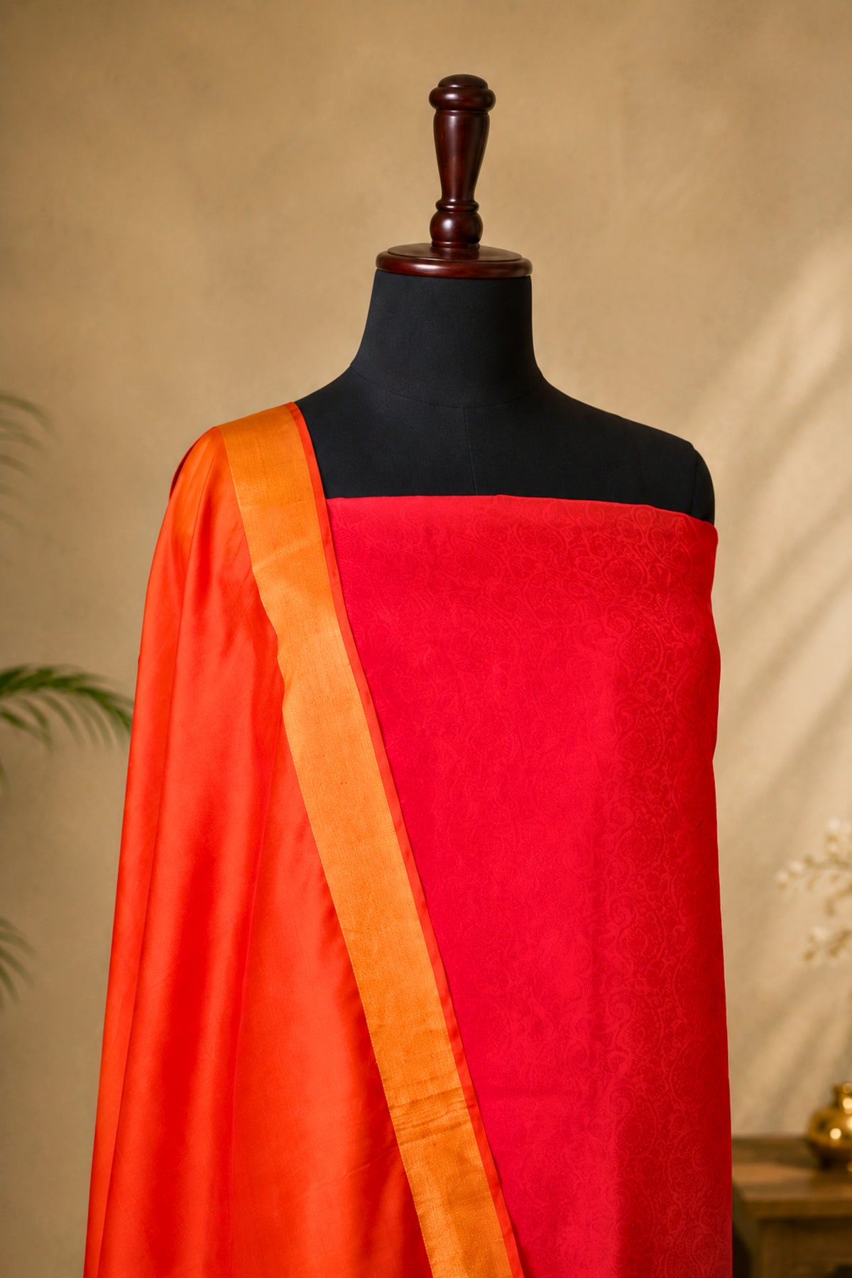 Red Kanjeevaram Soft Silk Unstitched Suit Set with Tasseled Dupatta by Label Tamanna