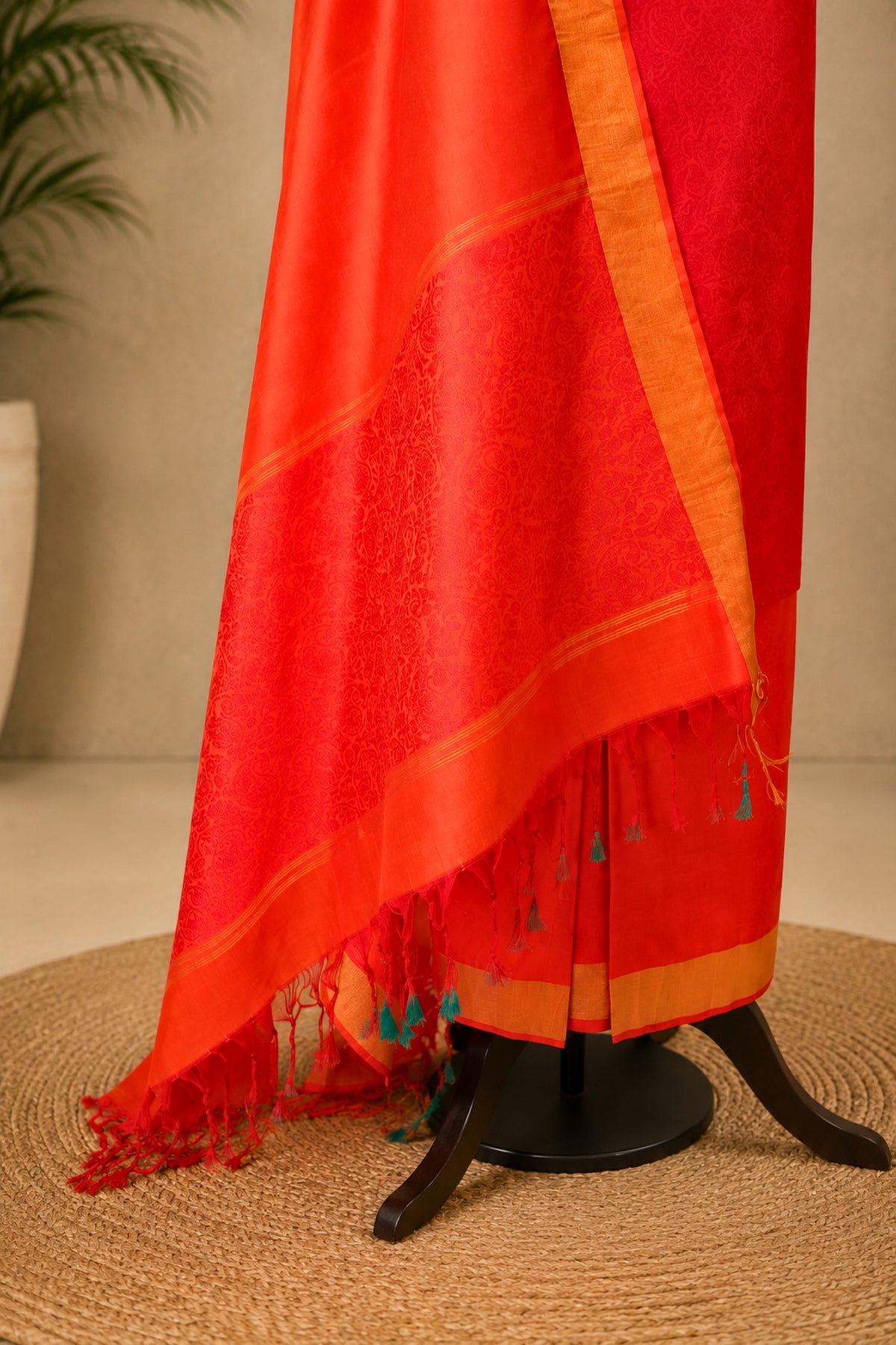 Red Kanjeevaram Soft Silk Unstitched Suit Set with Tasseled Dupatta by Label Tamanna