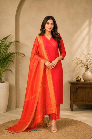 Red Kanjeevaram Soft Silk Unstitched Suit Set with Tasseled Dupatta by Label Tamanna