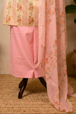 Pastel Pink Floral Stripe Swiss Cotton Unstitched Suit with Chiffon Dupatta