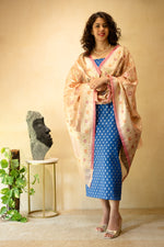 Royal Blue Chanderi Silk Unstitched Suit Set with Woven Baby Pink Organza Dupatta