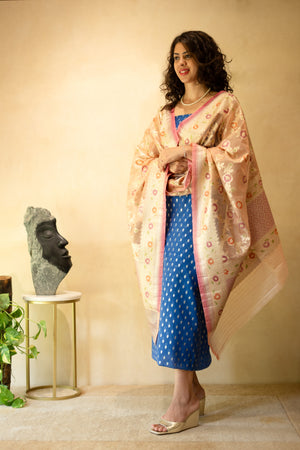 Royal Blue Chanderi Silk Unstitched Suit Set with Woven Baby Pink Organza Dupatta