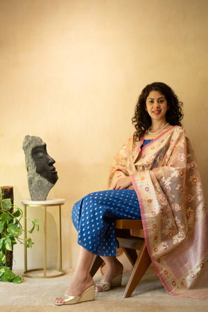 Royal Blue Chanderi Silk Unstitched Suit Set with Woven Baby Pink Organza Dupatta