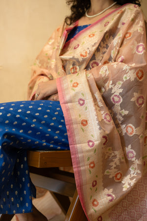 Royal Blue Chanderi Silk Unstitched Suit Set with Woven Baby Pink Organza Dupatta