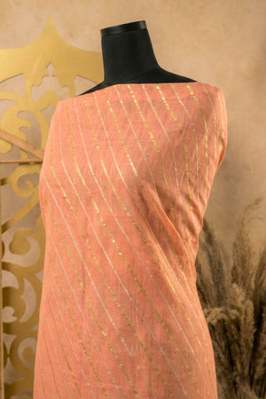 Peach Zari Striped Chanderi Unstitched Suit Set