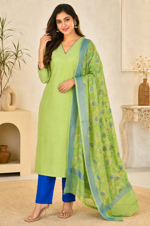 Light Green and Blue Silk Unstitched Suit Set with Banarasi Chiffon Dupatta
