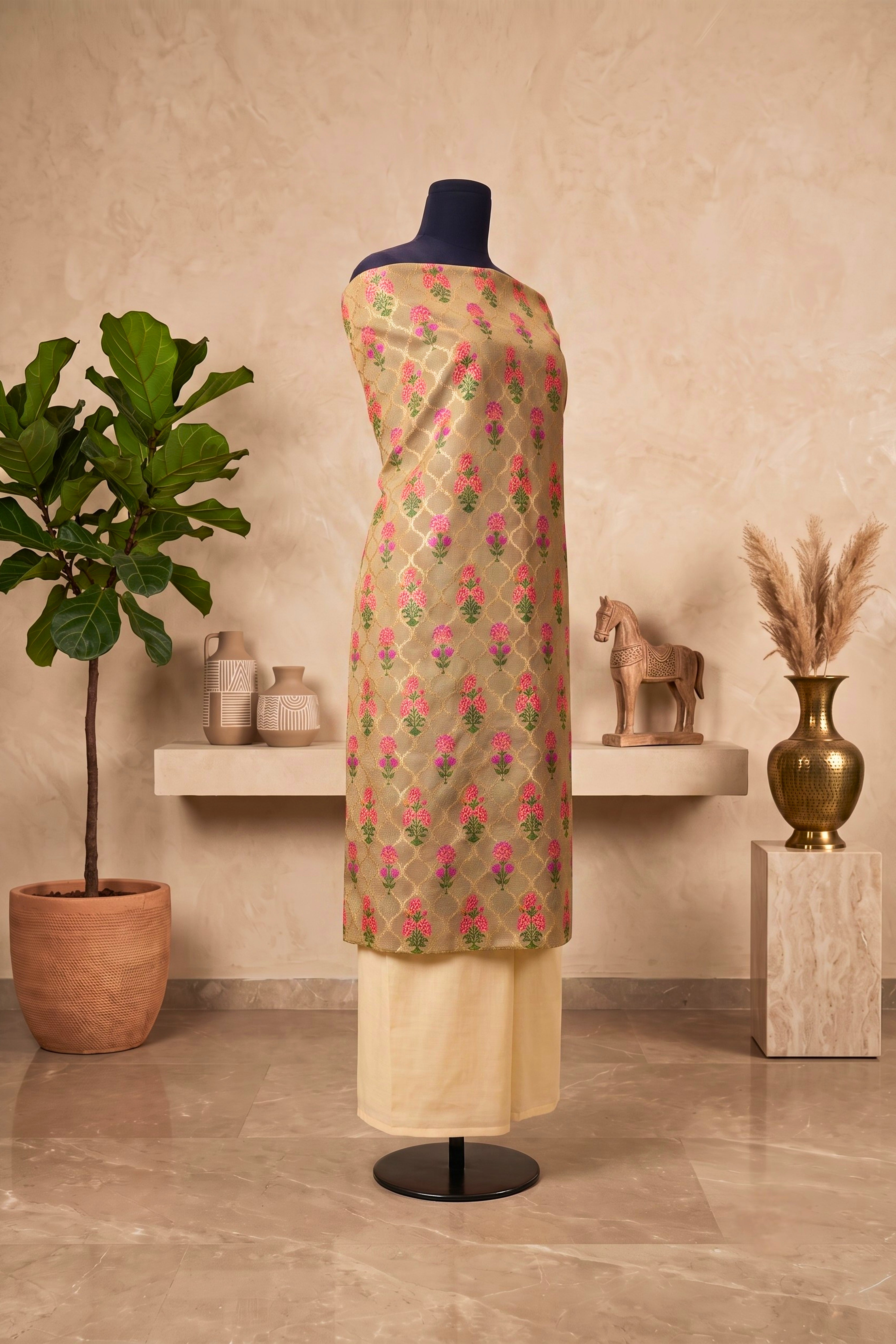 Sage Grey Banarasi Resham Chanderi Silk Unstitched Dress Material