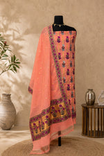 Peach Chanderi Silk Resham Weave Unstitched Suit Set by Label Tamanna