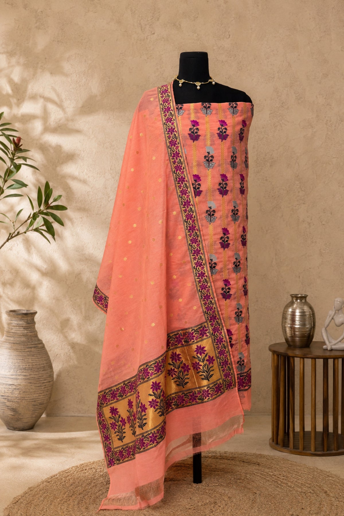 Peach Chanderi Silk Resham Weave Unstitched Suit Set by Label Tamanna