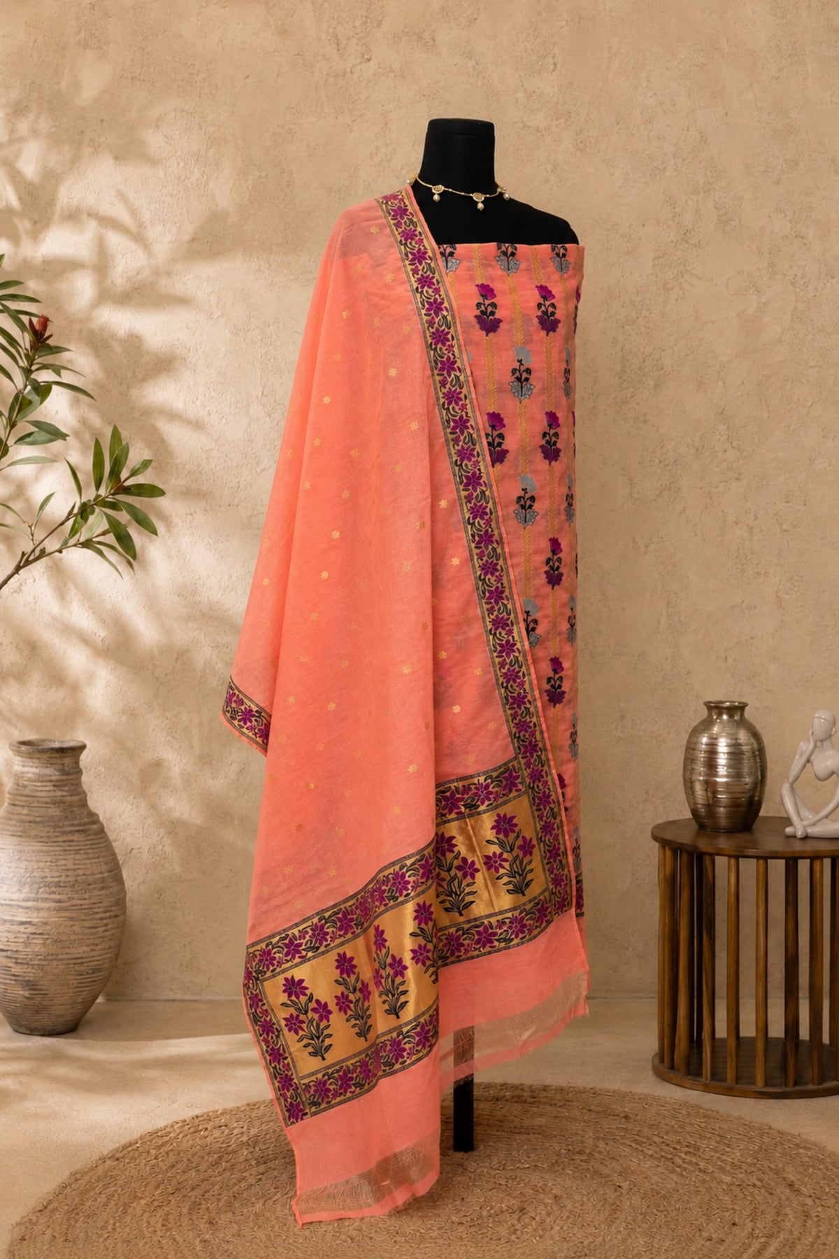 Peach Chanderi Silk Resham Weave Unstitched Suit Set by Label Tamanna