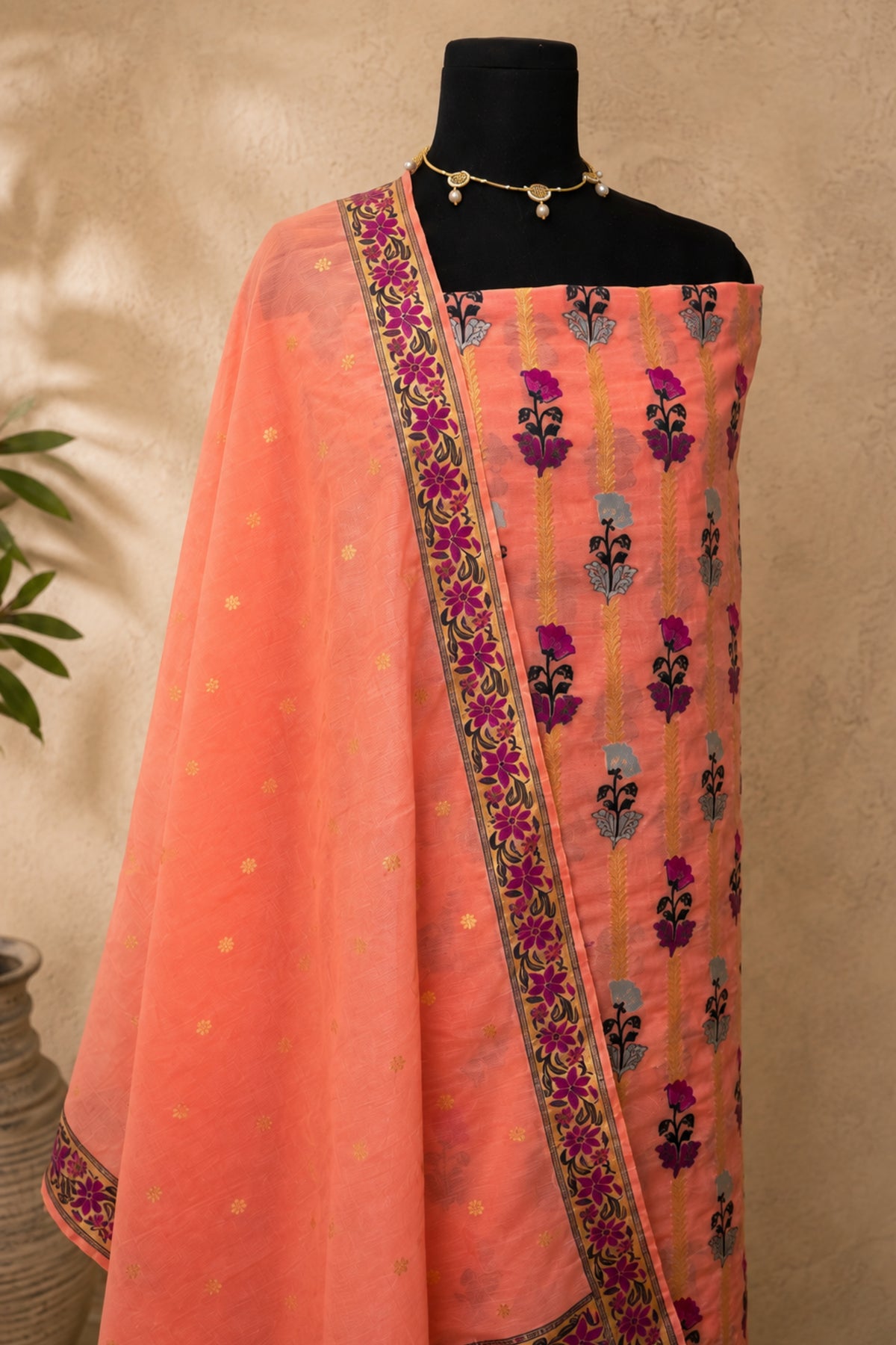 Peach Chanderi Silk Resham Weave Unstitched Suit Set by Label Tamanna