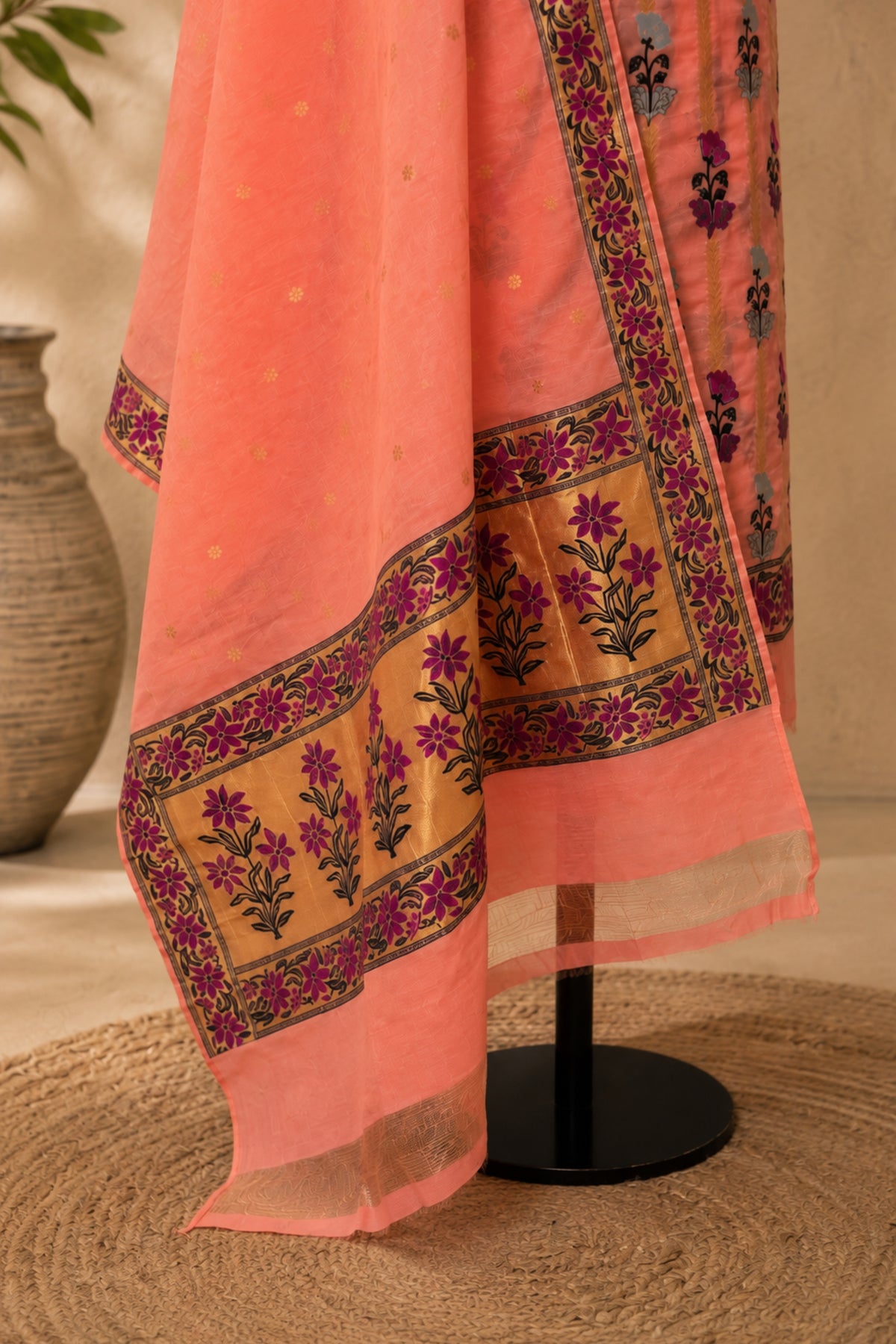 Peach Chanderi Silk Resham Weave Unstitched Suit Set by Label Tamanna