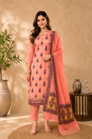 Peach Chanderi Silk Resham Weave Unstitched Suit Set by Label Tamanna