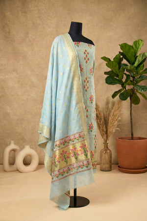 Icy Blue Chanderi Silk Resham Weave Unstitched Suit Set