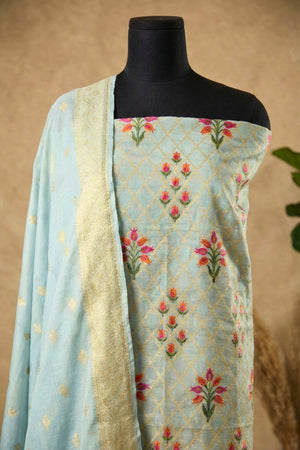 Icy Blue Chanderi Silk Resham Weave Unstitched Suit Set