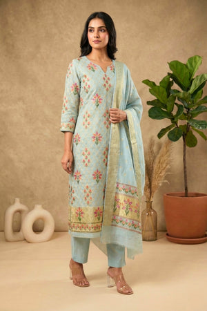 Icy Blue Chanderi Silk Resham Weave Unstitched Suit Set