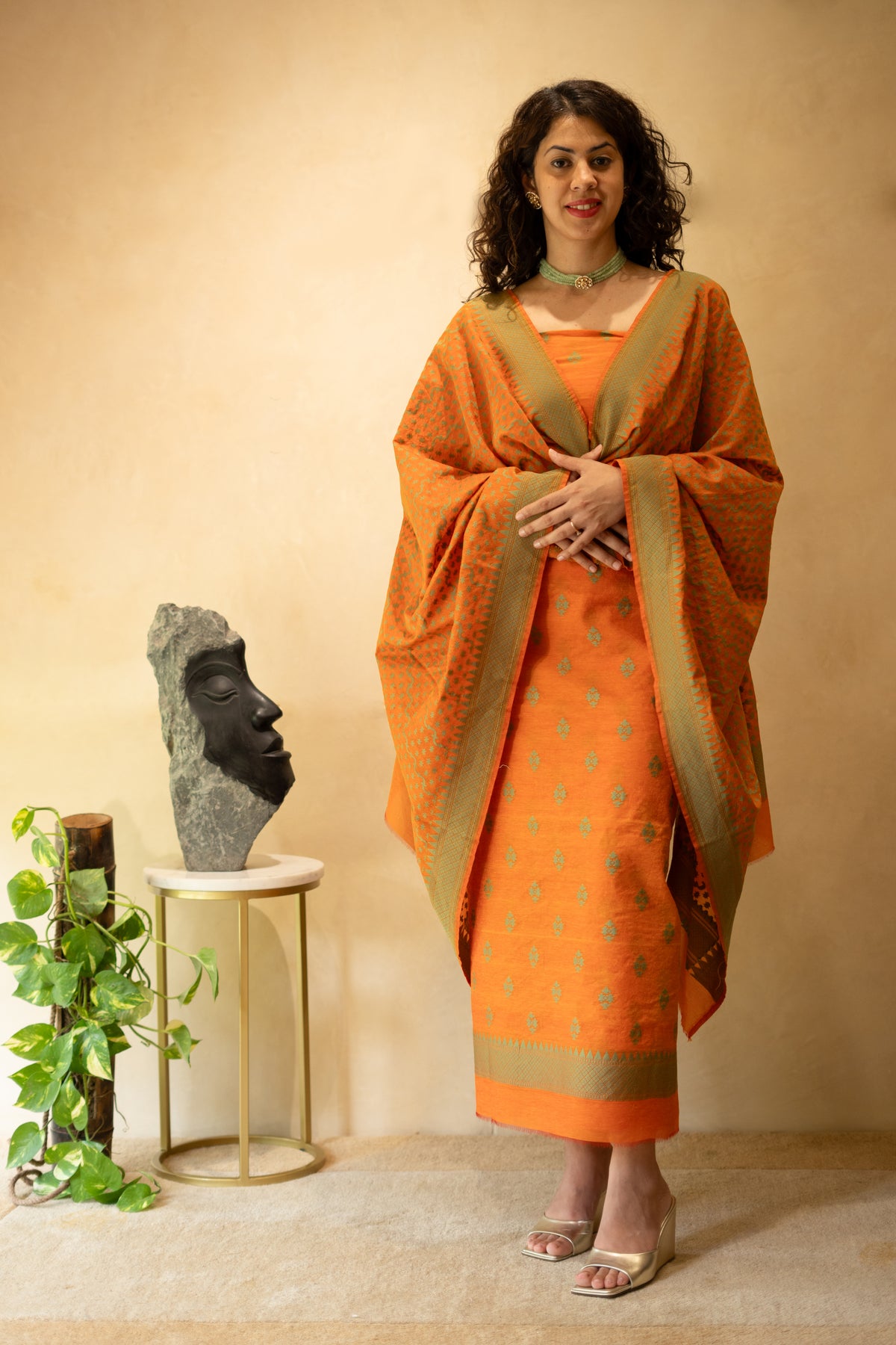 Rust Orange Handloom Chanderi Unstitched Suit Set with Woven Dupatta