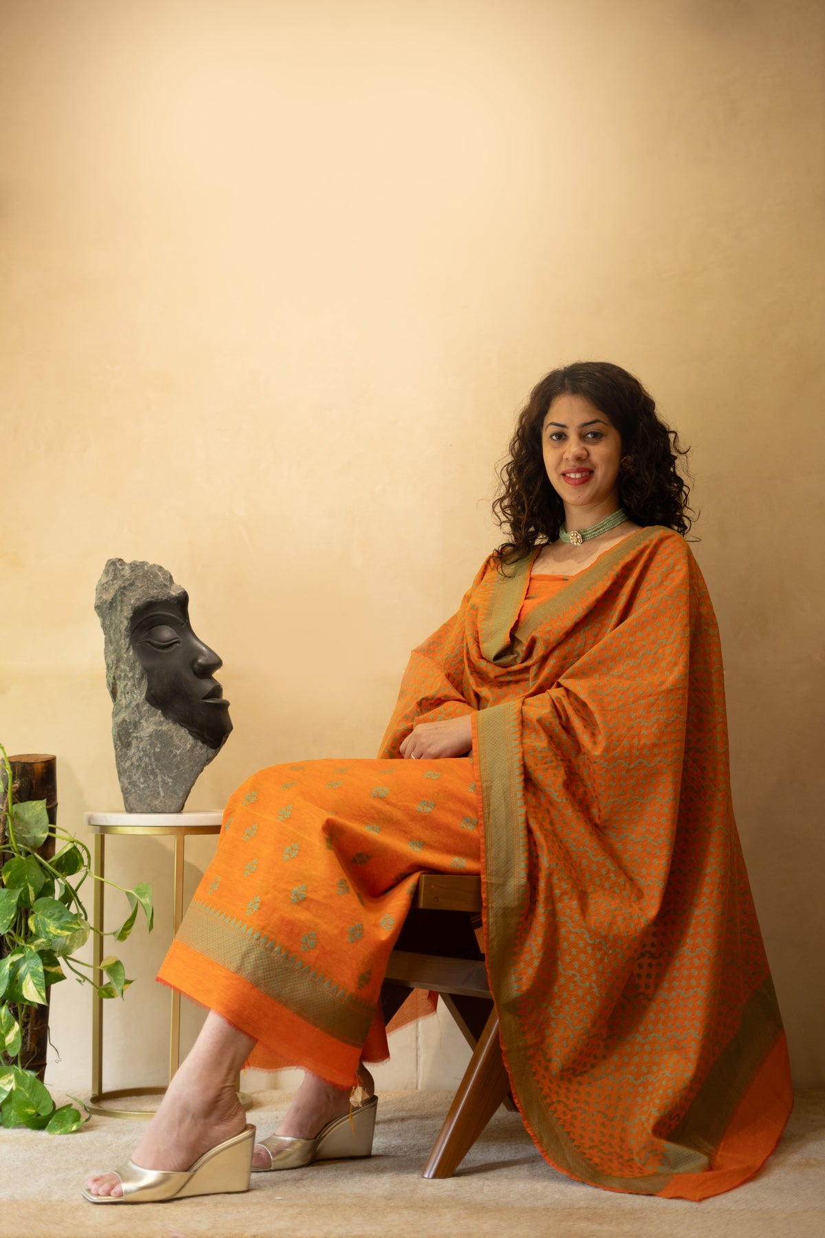 Rust Orange Handloom Chanderi Unstitched Suit Set with Woven Dupatta