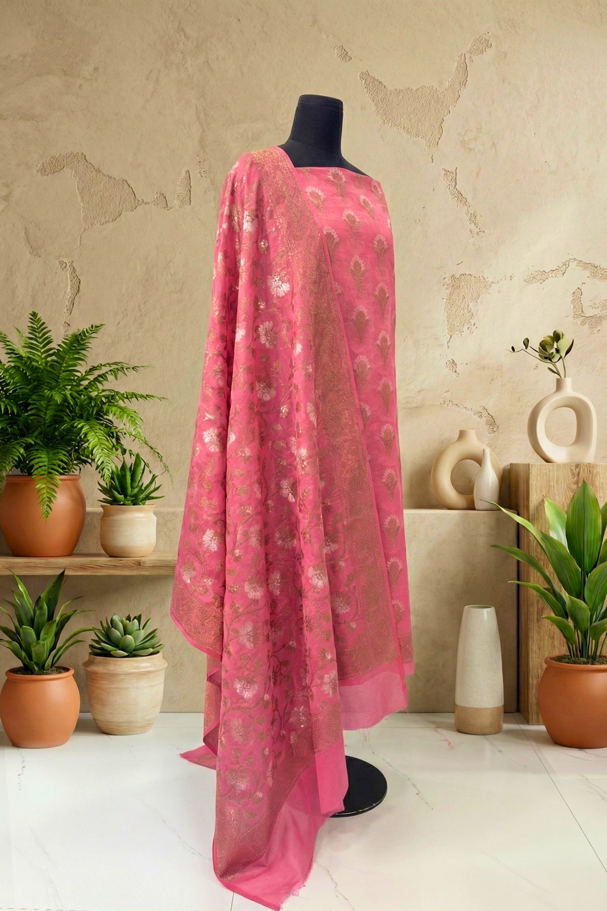 Fuscia Pink Suit in Chanderi Cloth with Gold Resham