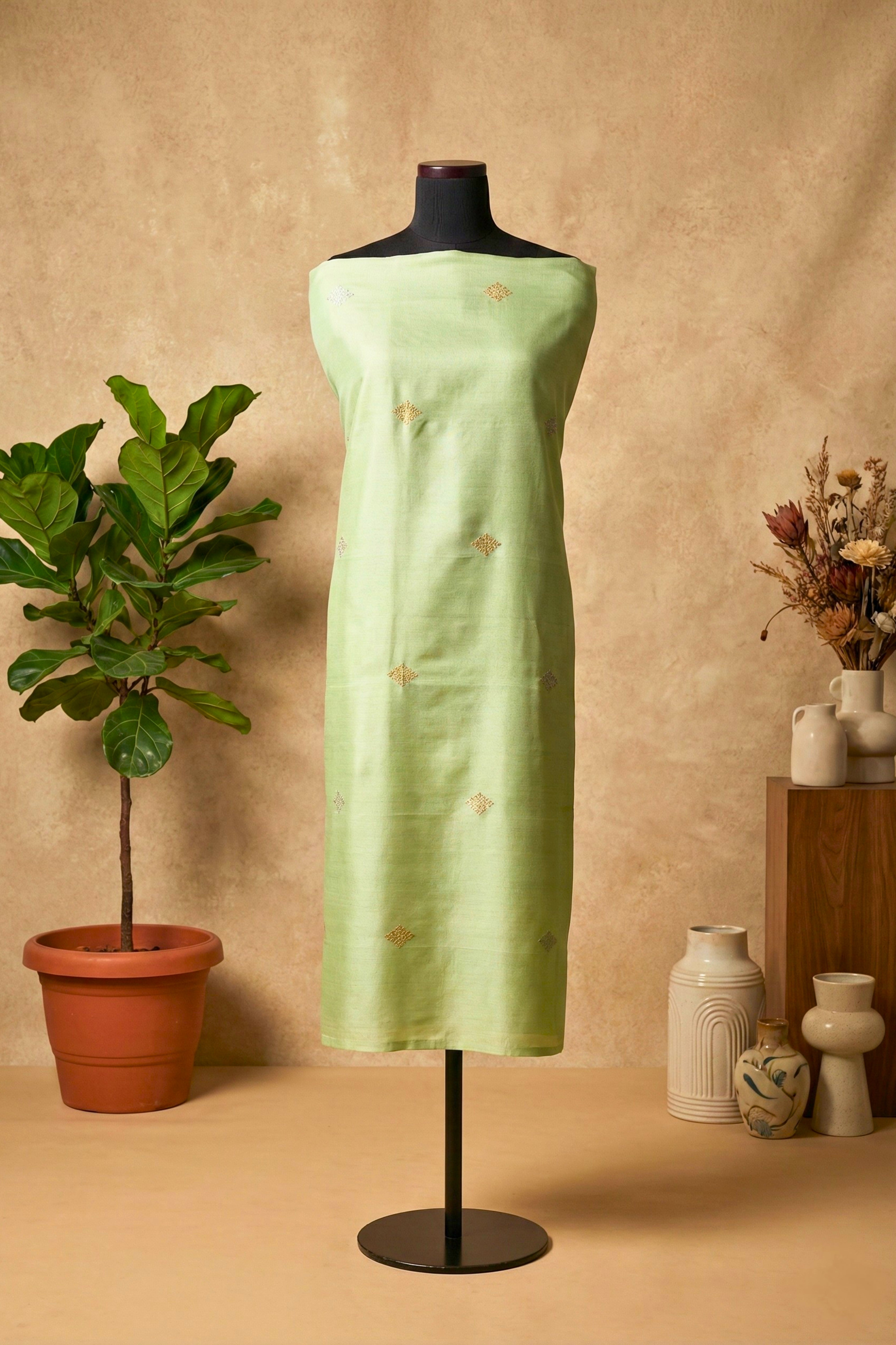 Elegant Mint Green Banarasi Chiniya Silk Unstitched Suit Material