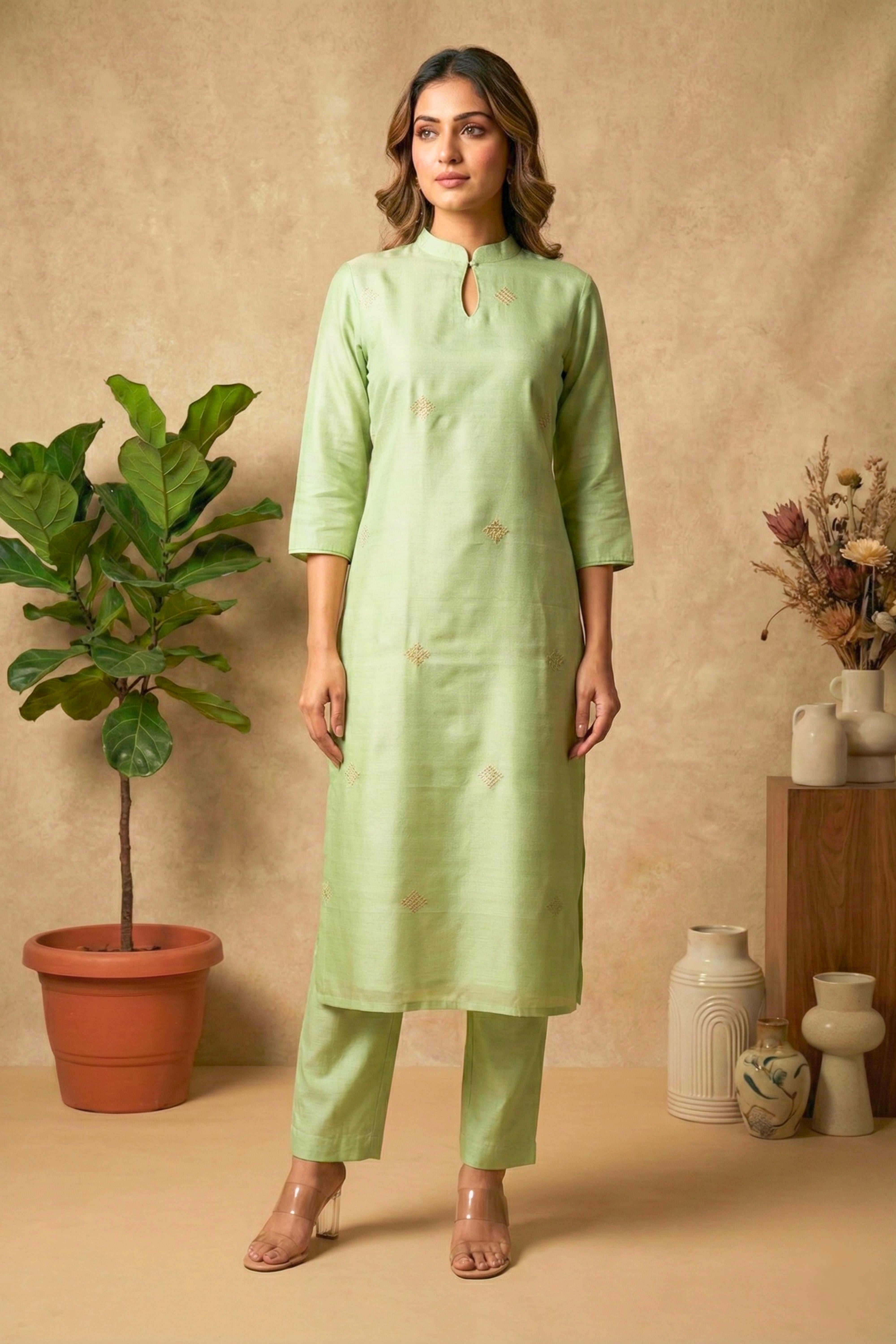Elegant Mint Green Banarasi Chiniya Silk Unstitched Suit Material