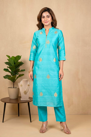Elegant Turquoise Banarasi Soft Chiniya Silk Unstitched Suit Material