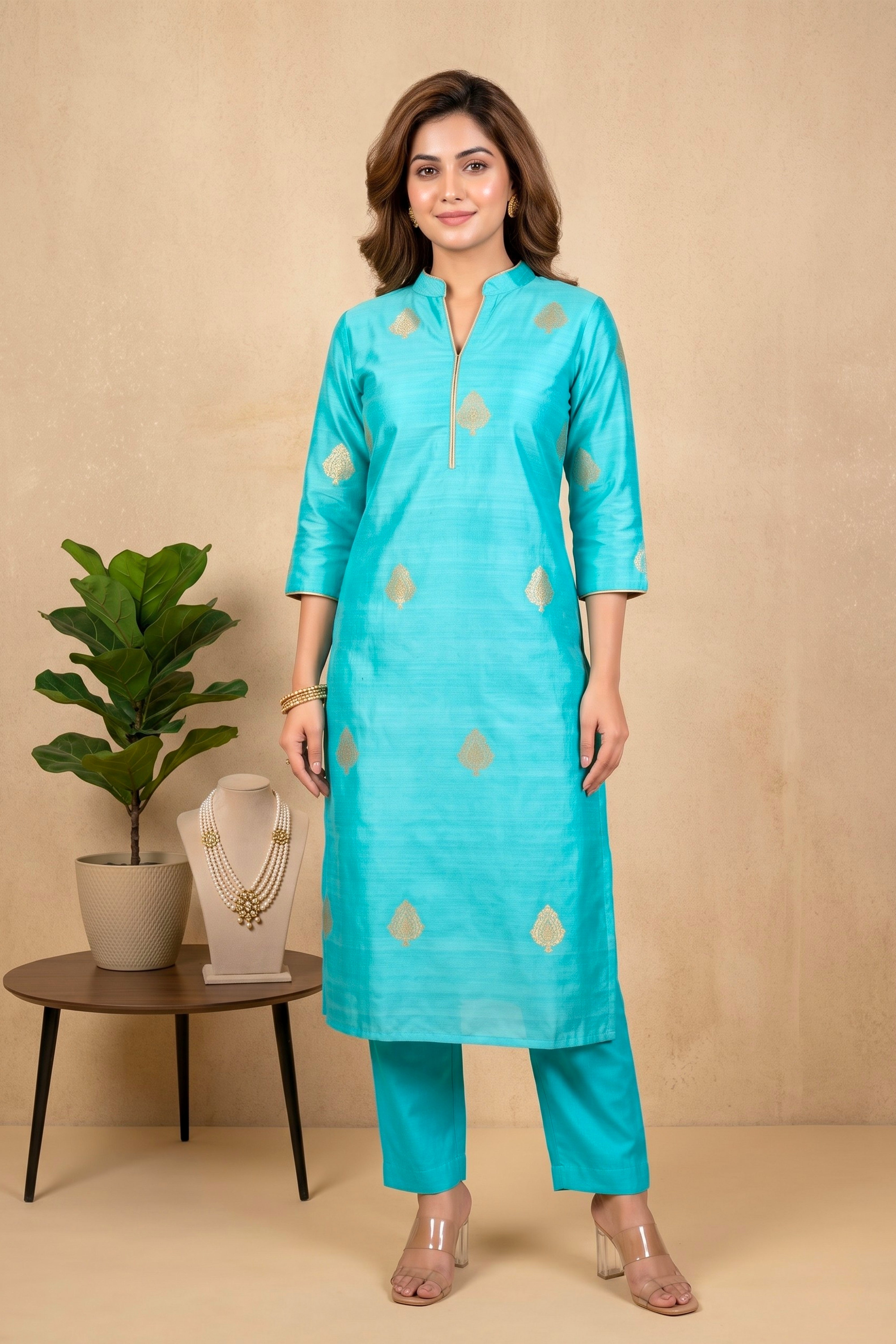 Elegant Turquoise Banarasi Soft Chiniya Silk Unstitched Suit Material