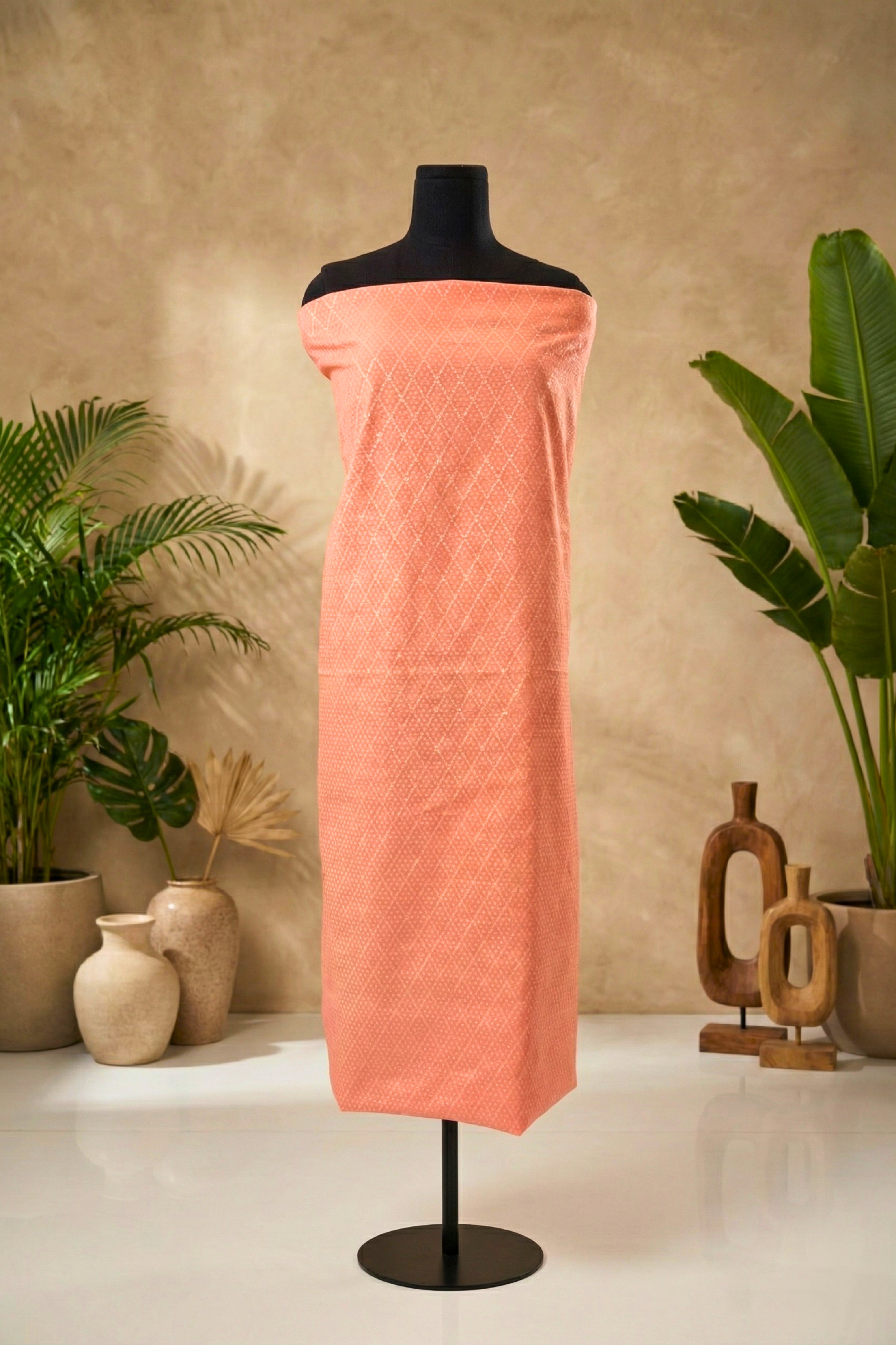 Elegant Peach Chanderi Unstitched Suit Set