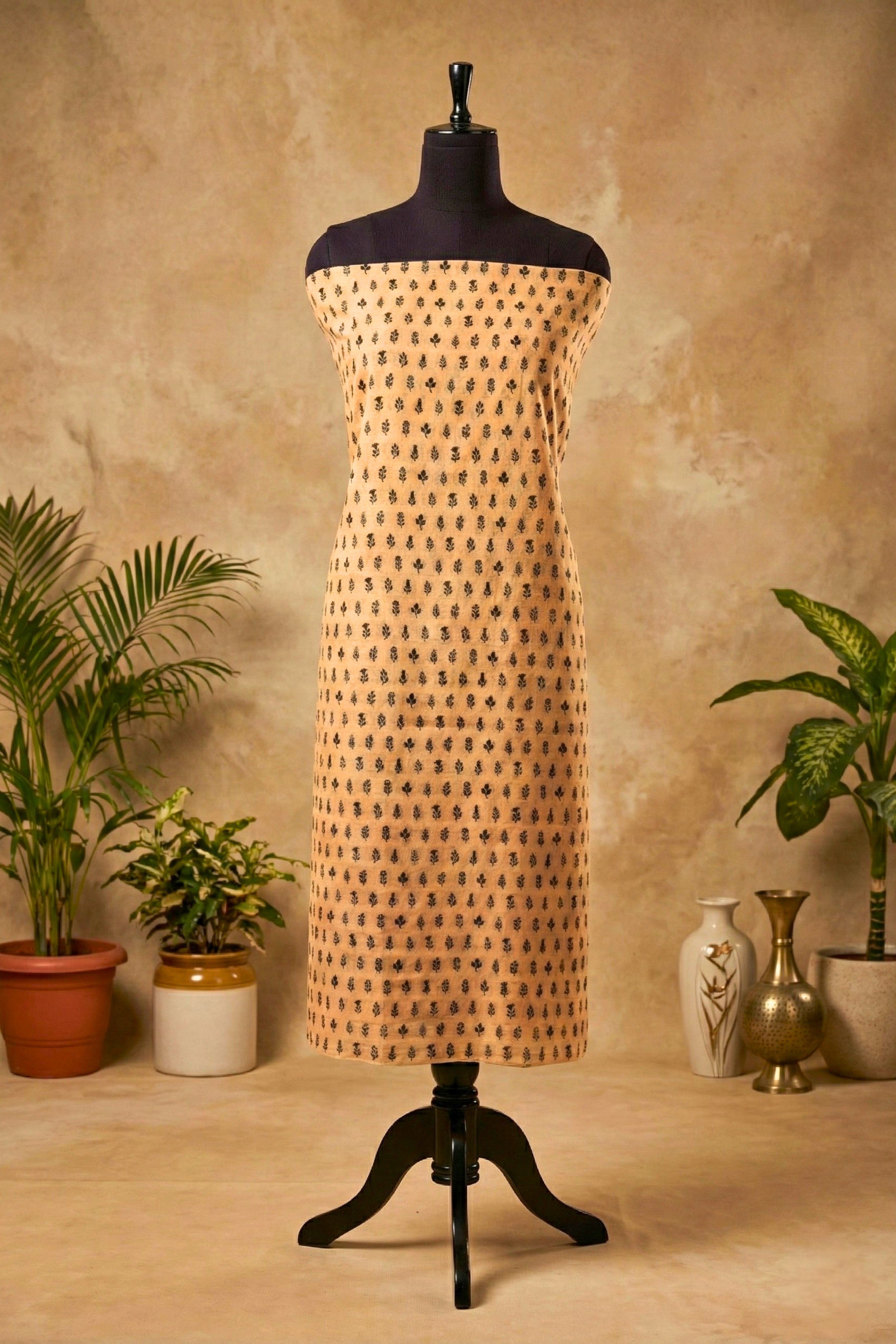 Earthy Beige & Black Botanical Print Chanderi Unstitched Dress Material