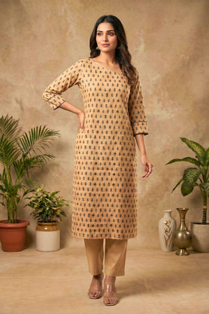 Earthy Beige & Black Botanical Print Chanderi Unstitched Dress Material