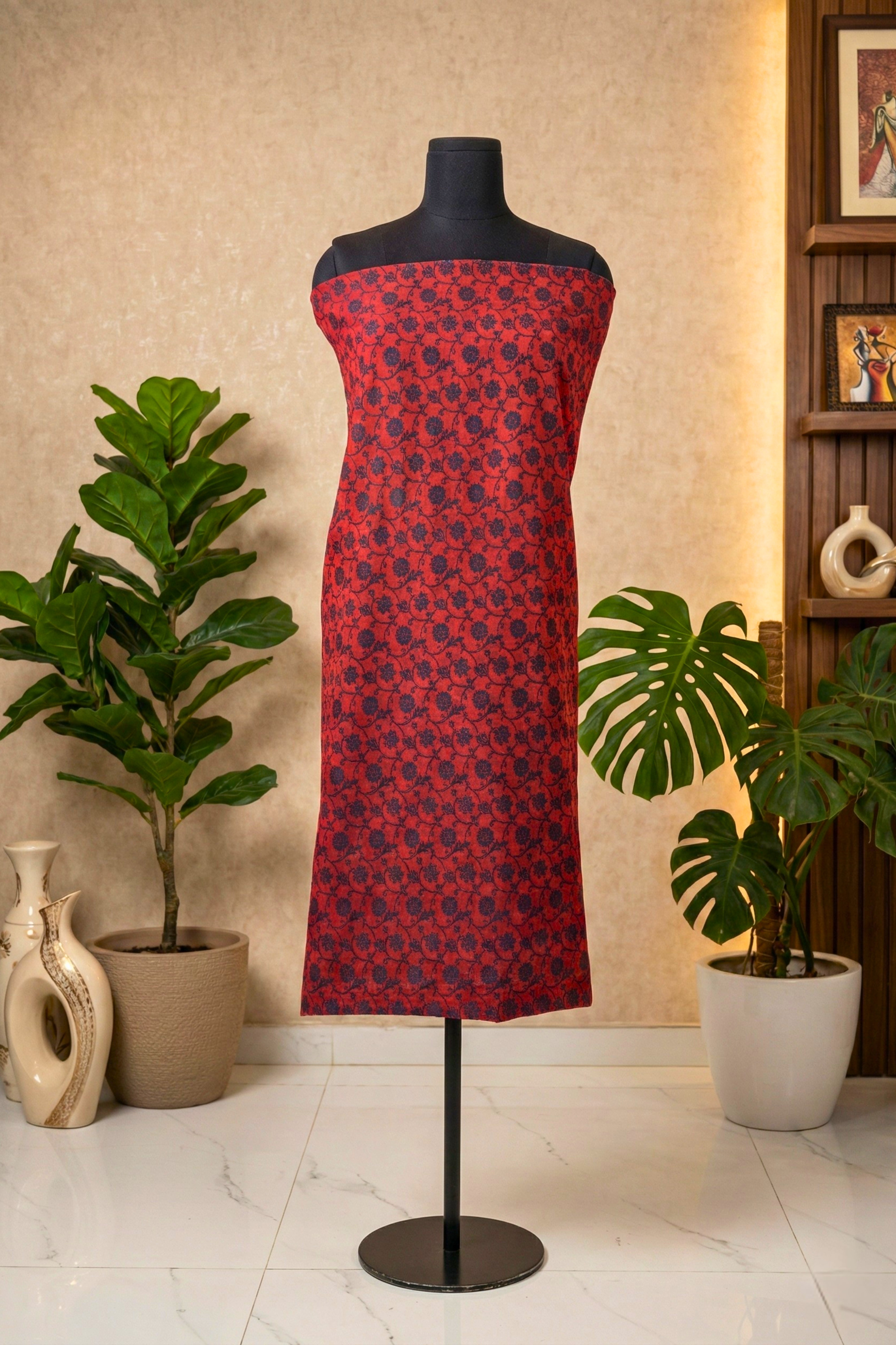 Rich Crimson Red Floral Vine Chanderi Unstitched Dress Material