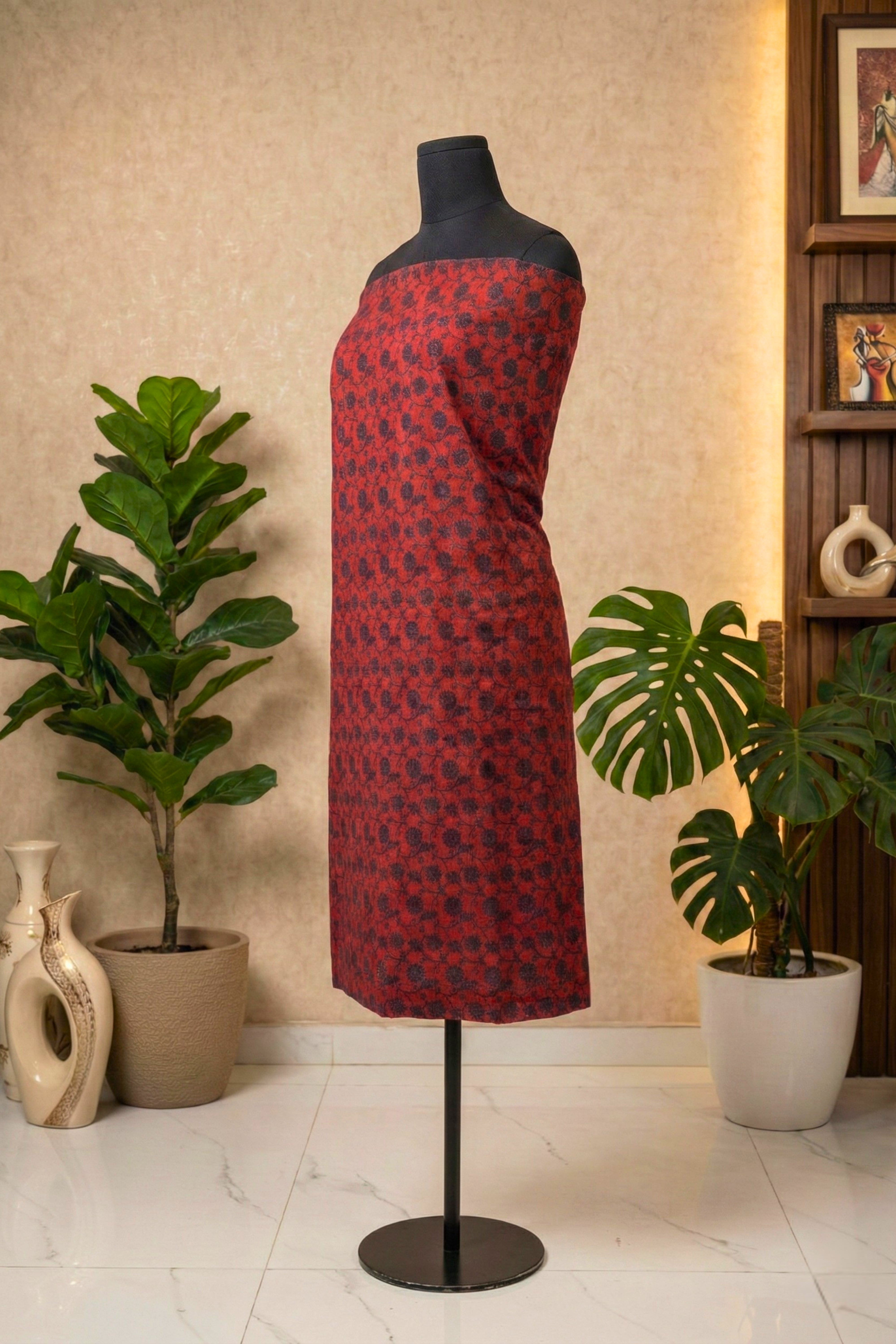 Rich Crimson Red Floral Vine Chanderi Unstitched Dress Material