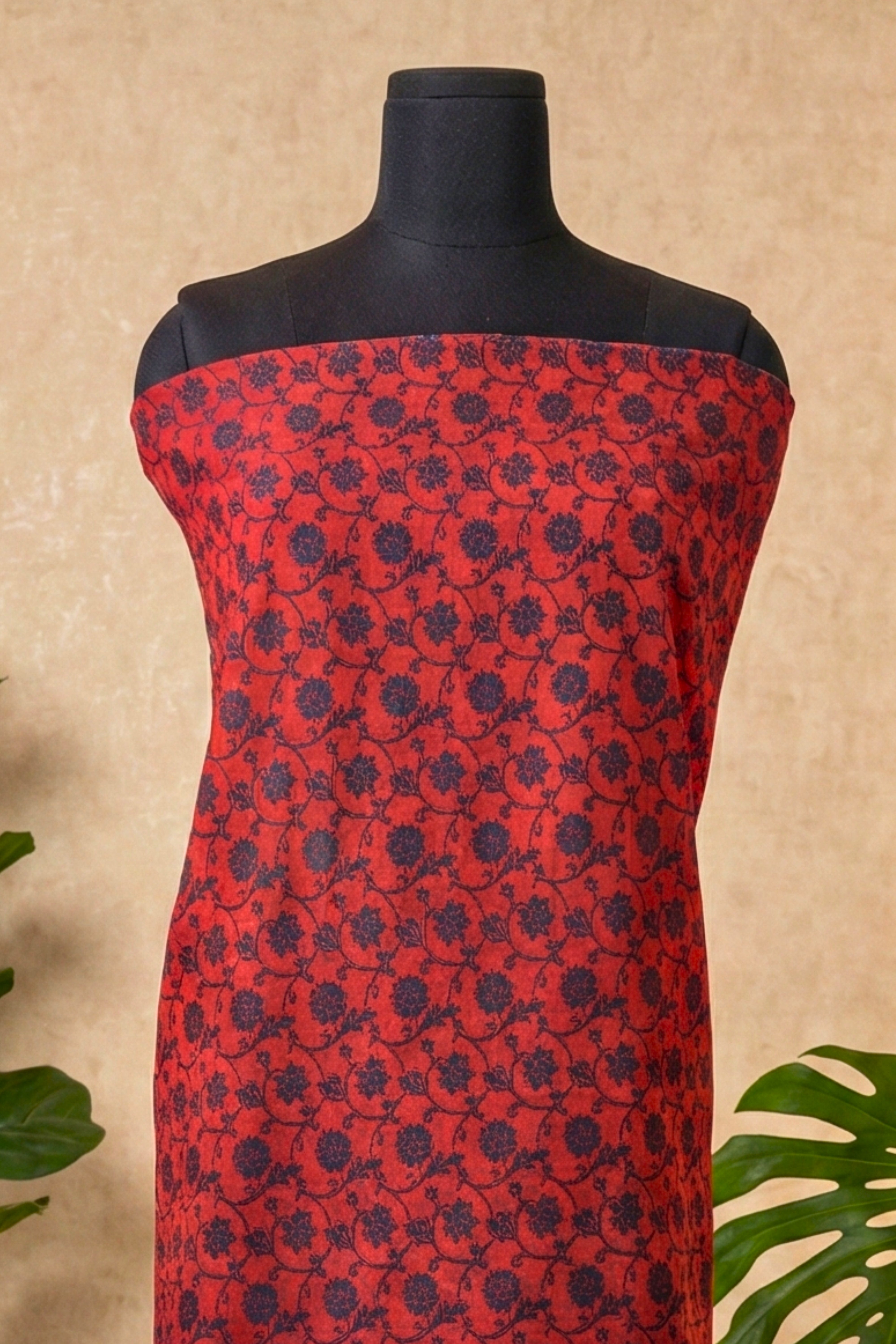 Rich Crimson Red Floral Vine Chanderi Unstitched Dress Material
